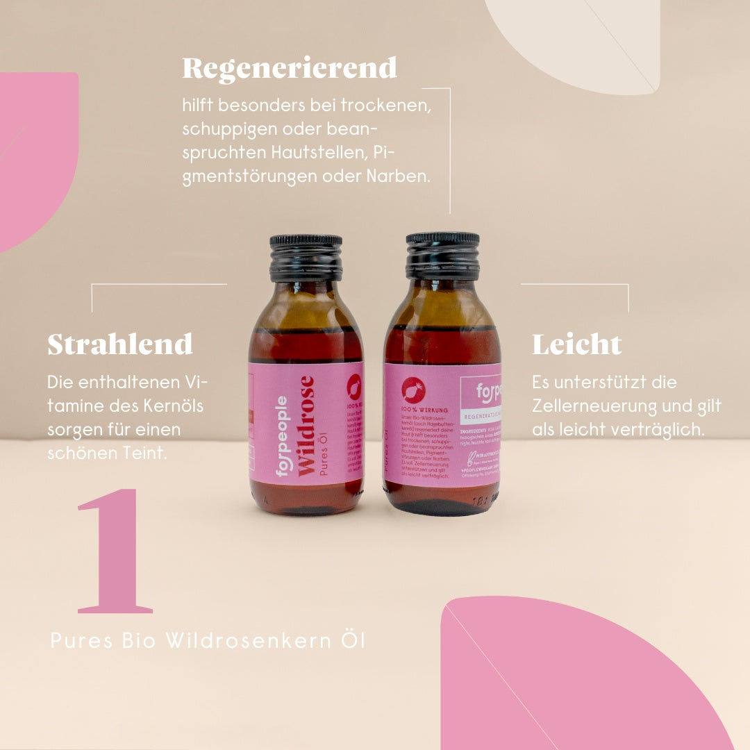 Pure Pflegeöle im Set in Bioqualität - Jojoba, Argan, Wildrosenkern und Mandel